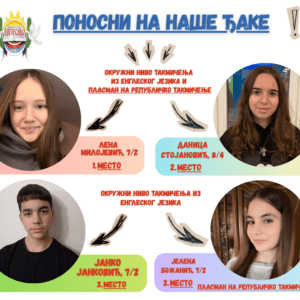 Лена Милојевић, Јелена Божанић и Даница Стојановић представљају школу на републичком такмичењу из енглеског језика